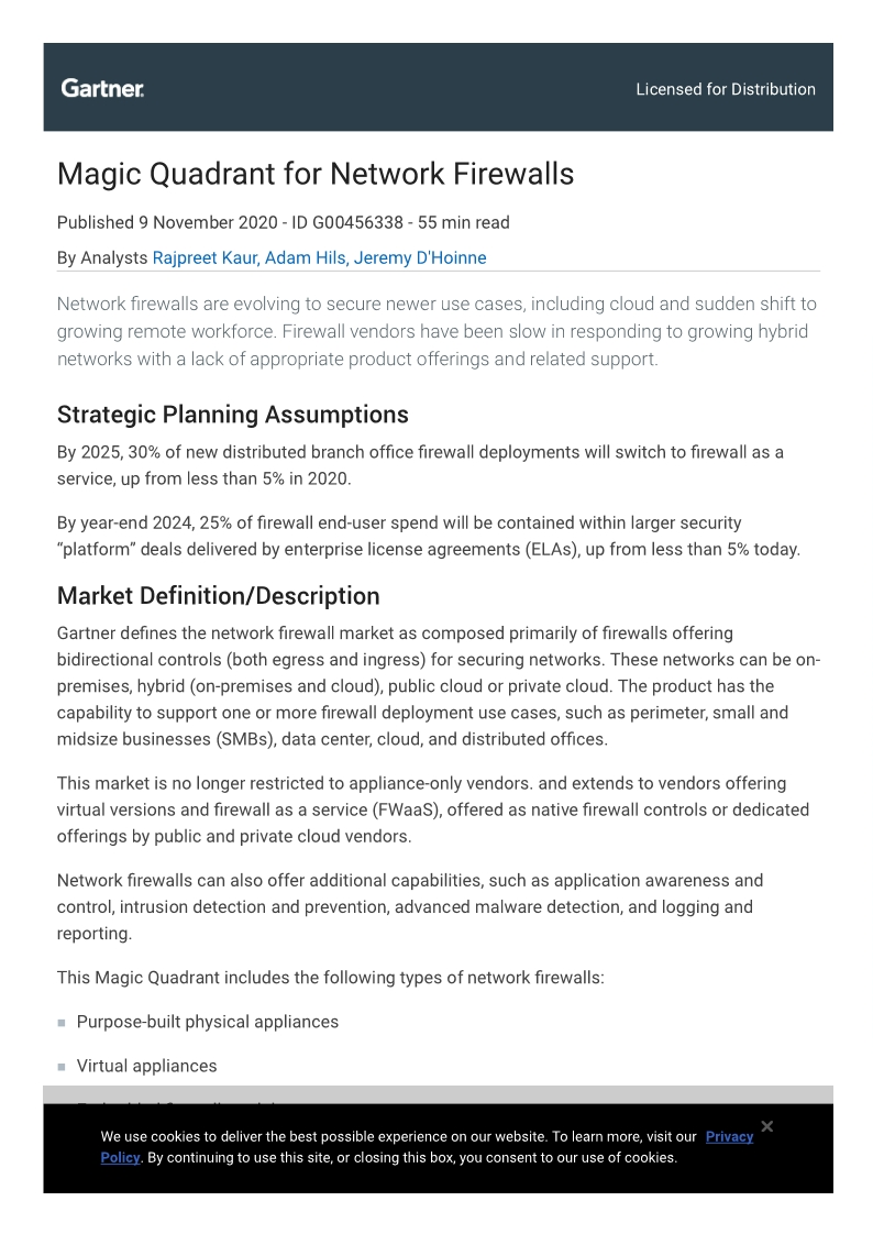 2020 Gartner Magic Quadrant for Network Firewalls